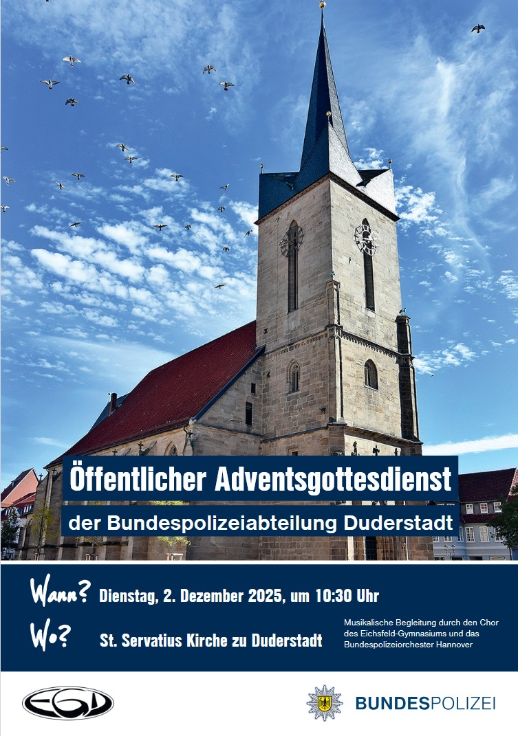 Plakat: Öffentlicher Adventsgottesdienst 2.12.2025 der Bundespolizeiabteilung Duderstadt