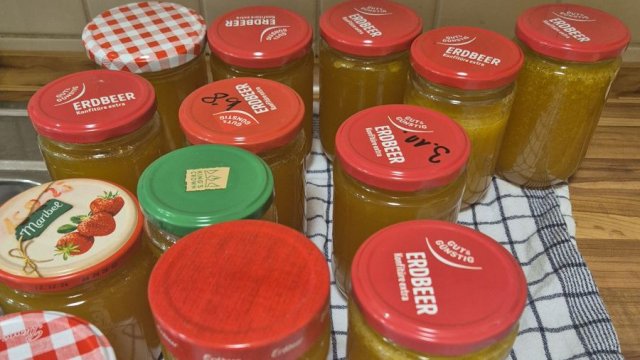 Dreizehn volle Gläser stehen auf einem karierten Tuch. Die meisten haben rote Deckel, alle enthalten die frisch gekochte Mirabellenmarmelade. | Foto: Caritas